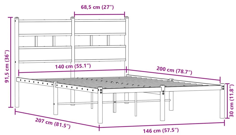 Estrutura de cama sem colchão 140x200 cm metal carvalho sonoma
