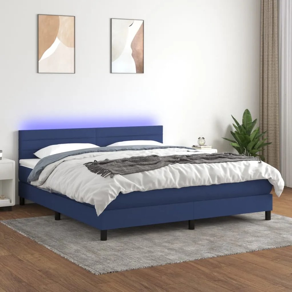 Cama box spring c/ colchão e LED 180x200 cm tecido azul