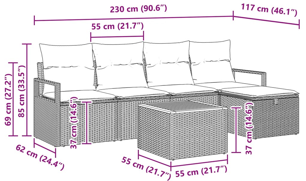 Conjunto de Sofá de Jardim vidaXL de 6 Peças com Almofadas Preto Polir