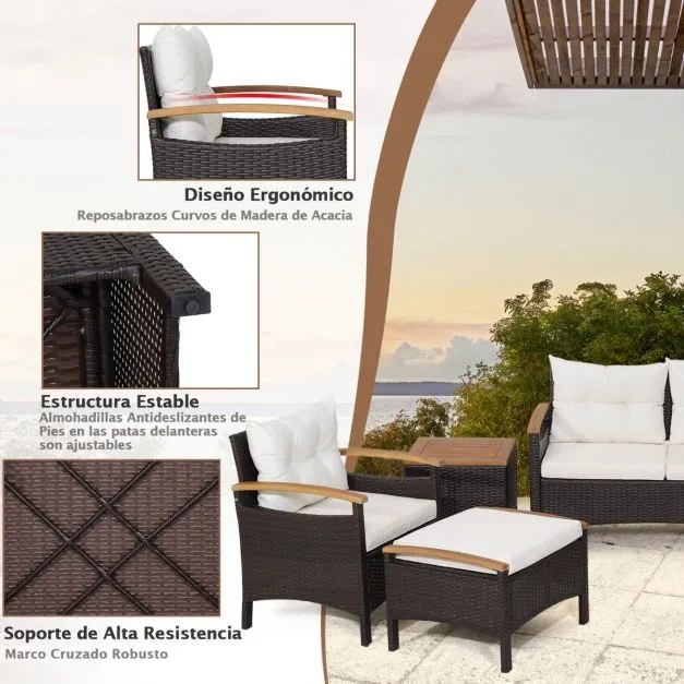 Conjunto de jardim de 7 peças em rattan com almofadas 2 Pufes e 2 mesas Tampo da mesa e apoios de braços Castanho misto e Branco