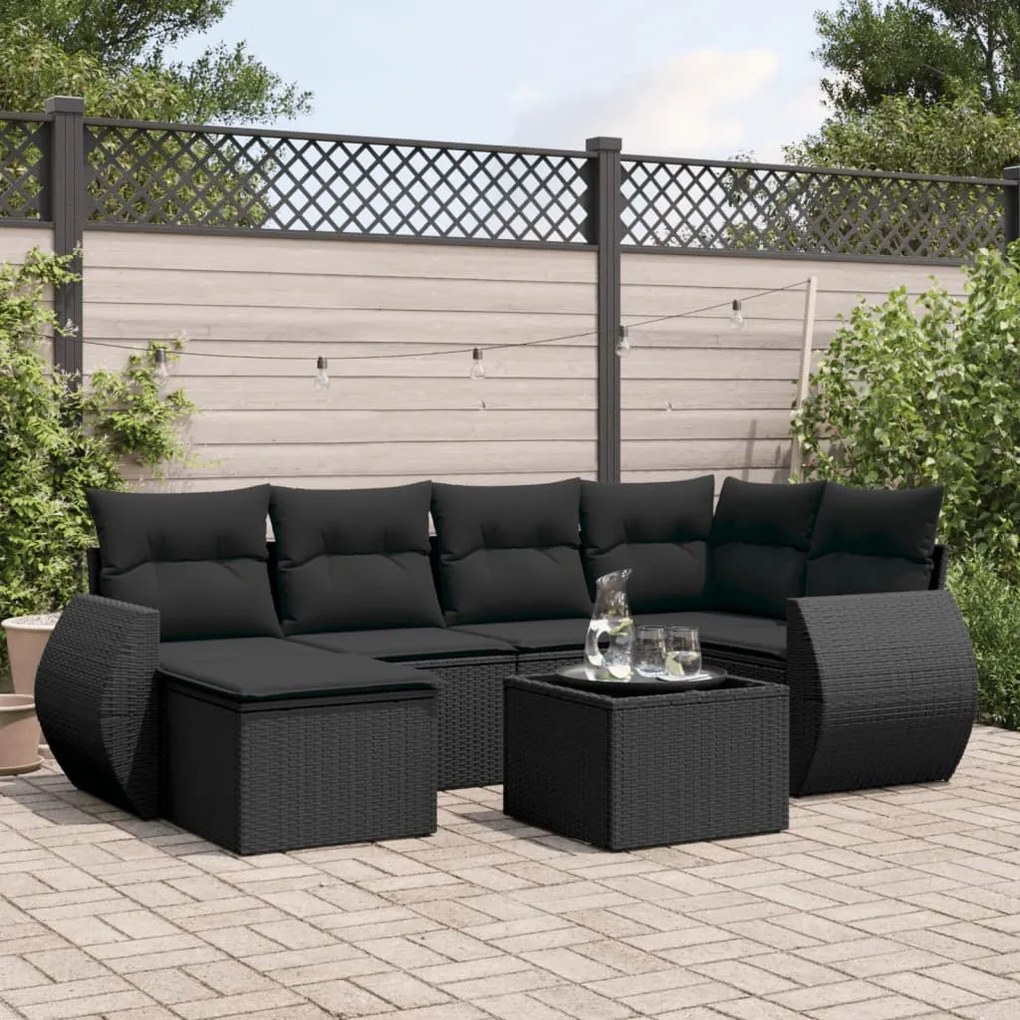 7 pcs conjunto de sofás p/ jardim c/ almofadões vime PE preto