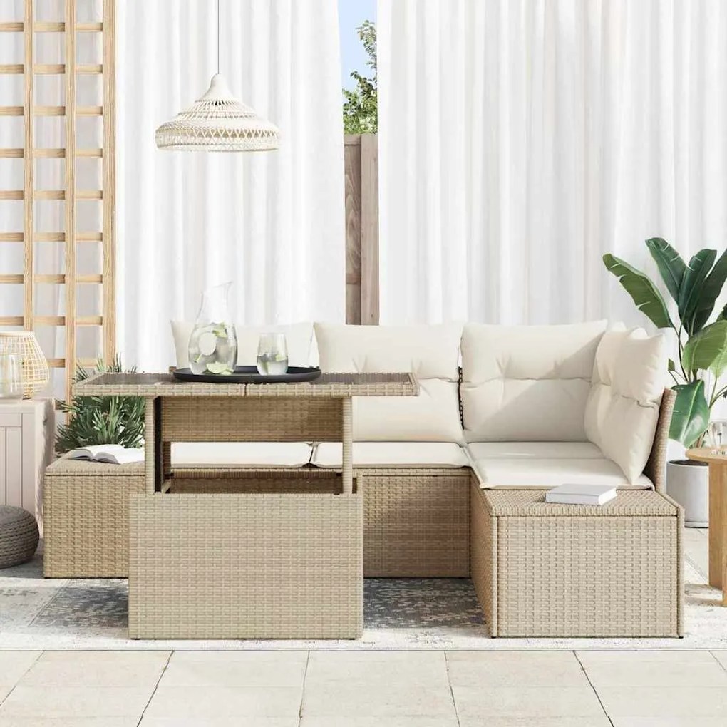 Conjunto de Sofá de Jardim 5 Peças com Almofadas Bege em Rattan Sintét