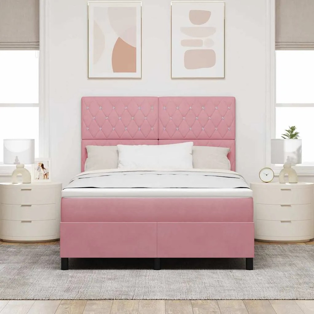 Cama Box com Colchão e LED Rosa 160x200 cm Veludo