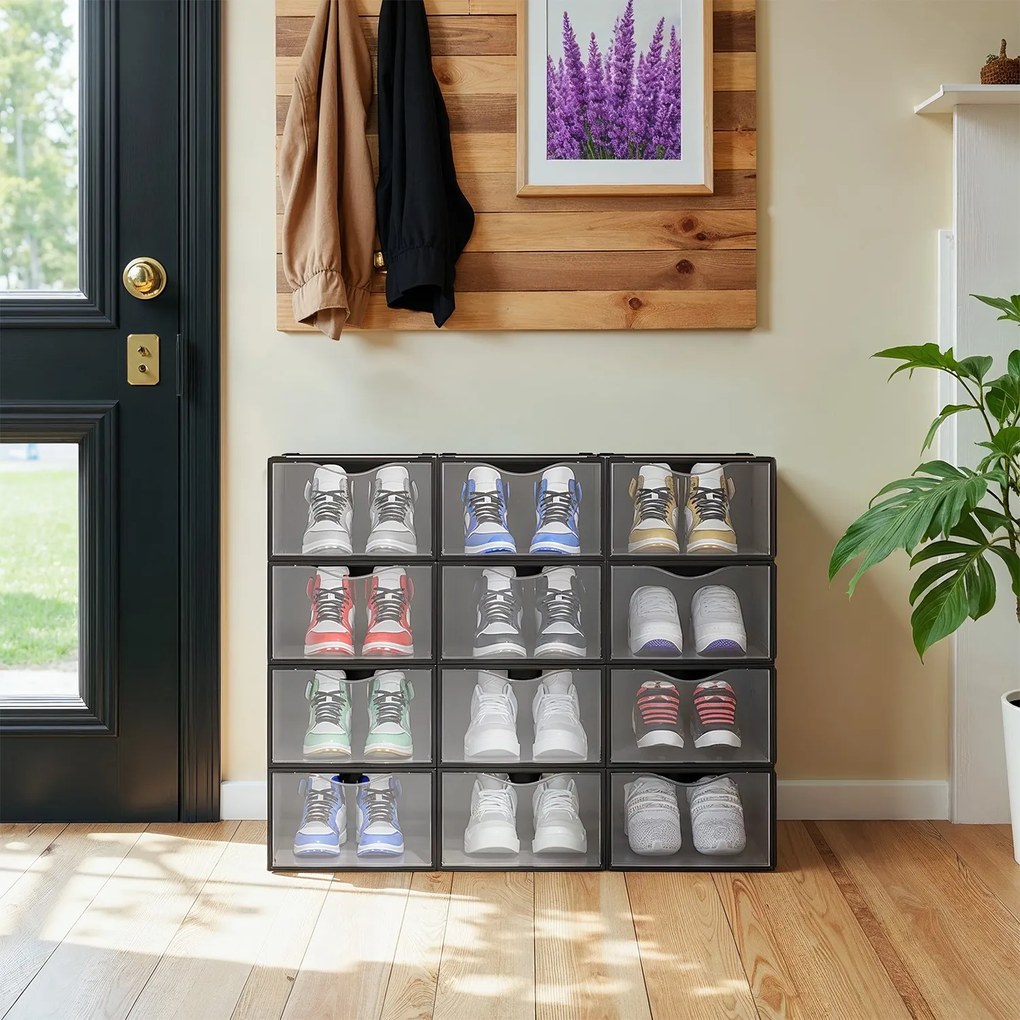 12 x caixas de arrumação para sapatos, em plástico, com porta transparente-preto