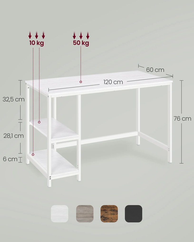 Secretária escritório com 2 prateleiras moderna 60 x 120 x 76 cm em branco