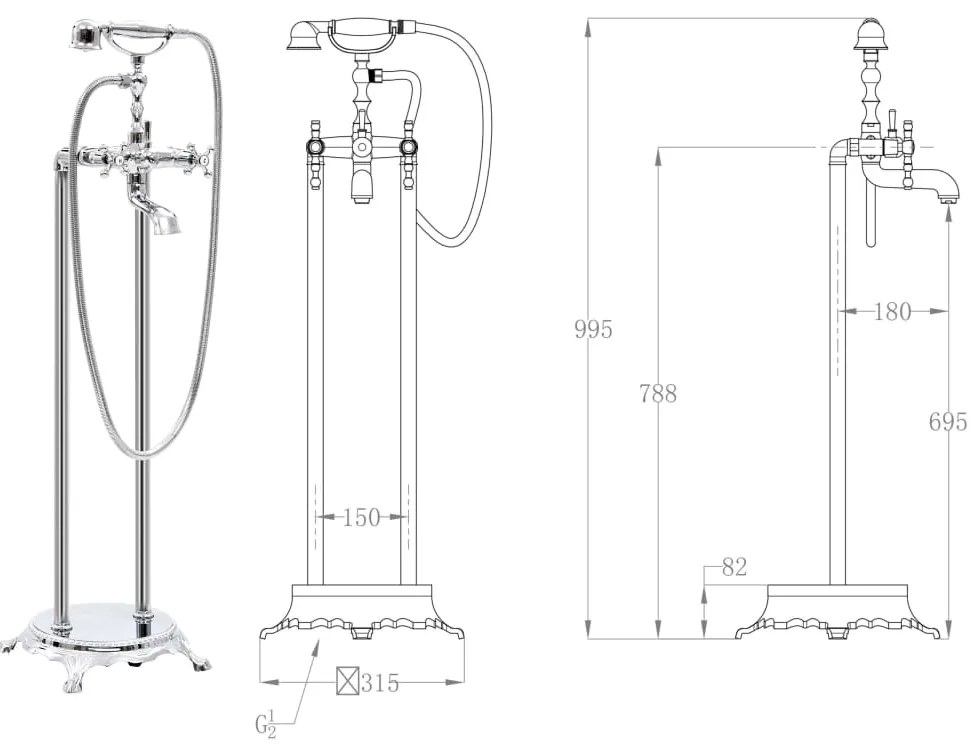 Torneira de pé para banheira aço inoxidável 99,5 cm prateado
