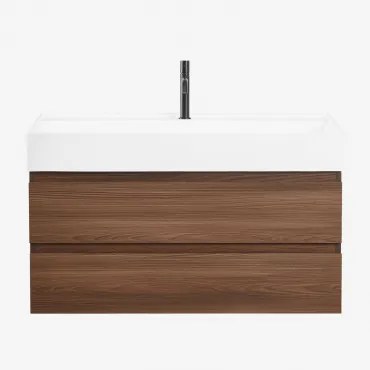 Conjunto De Móvel De Casa De Banho Suspenso Em Madeira E Folha De Freixo Com Lavatório Integrado Ona Madeira Escura & Sem Espelho & Preto - Sklum