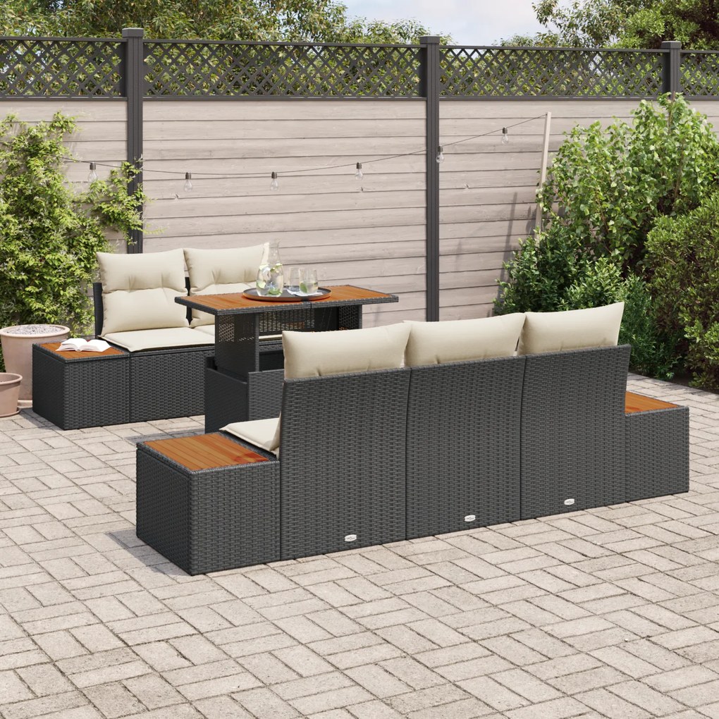 Conjunto de Sofá de Jardim de 6 Peças com Almofadas em Rattan Preto