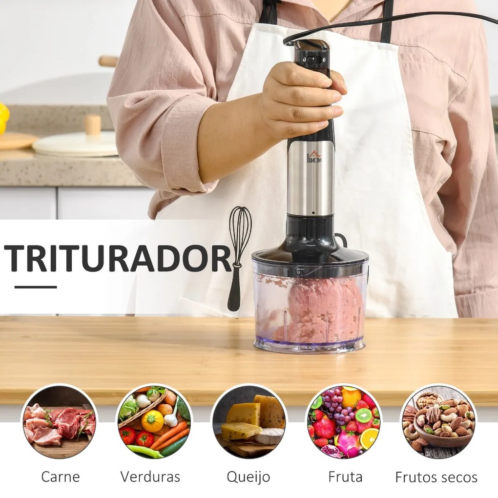 Varinha Mágica 1000W 4 em 1 com Velocidades Ajustáveis 2 Lâminas de Aço Inoxidável Picador 500ml Copo Medidor 800ml e Batedeira 10x6,5x41cm Preto