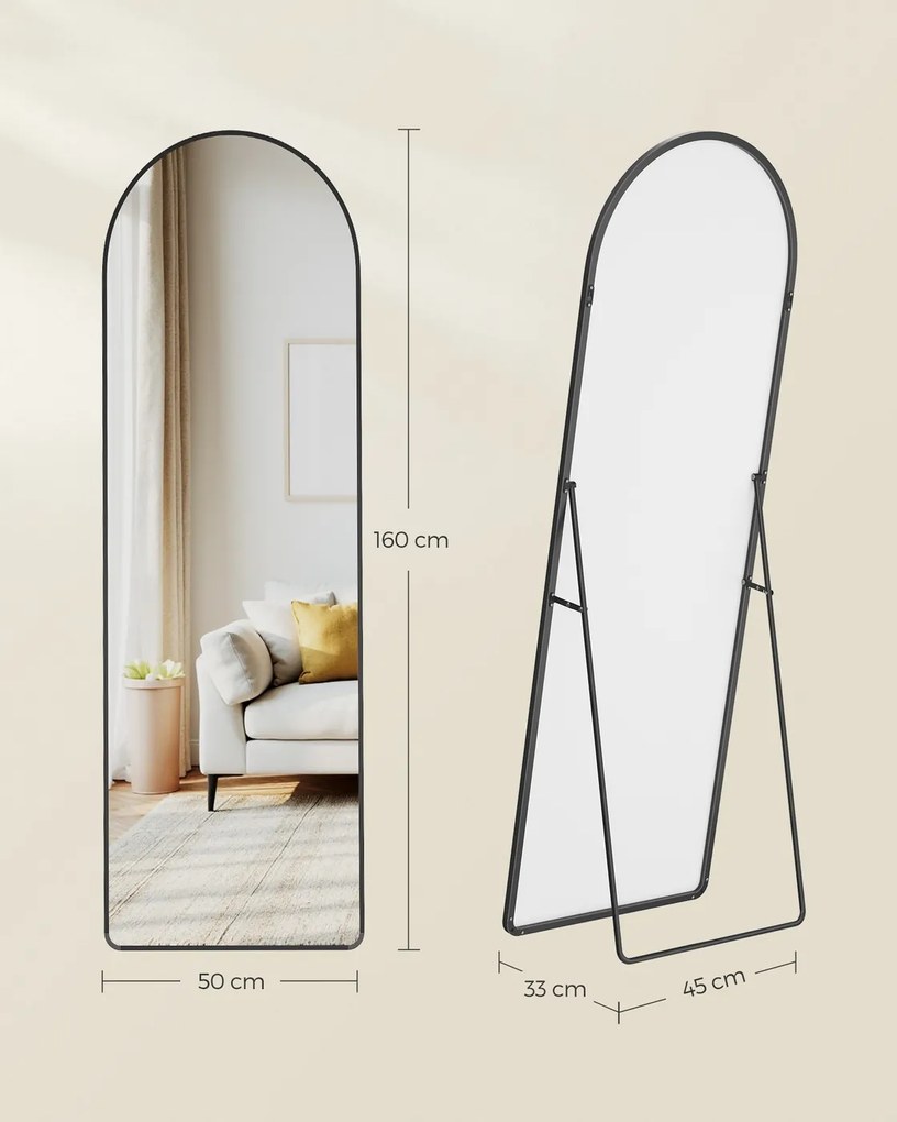 Espelho pé de corpo inteiro de 160 x 50 cm com moldura arqueada em vidro temperado preto
