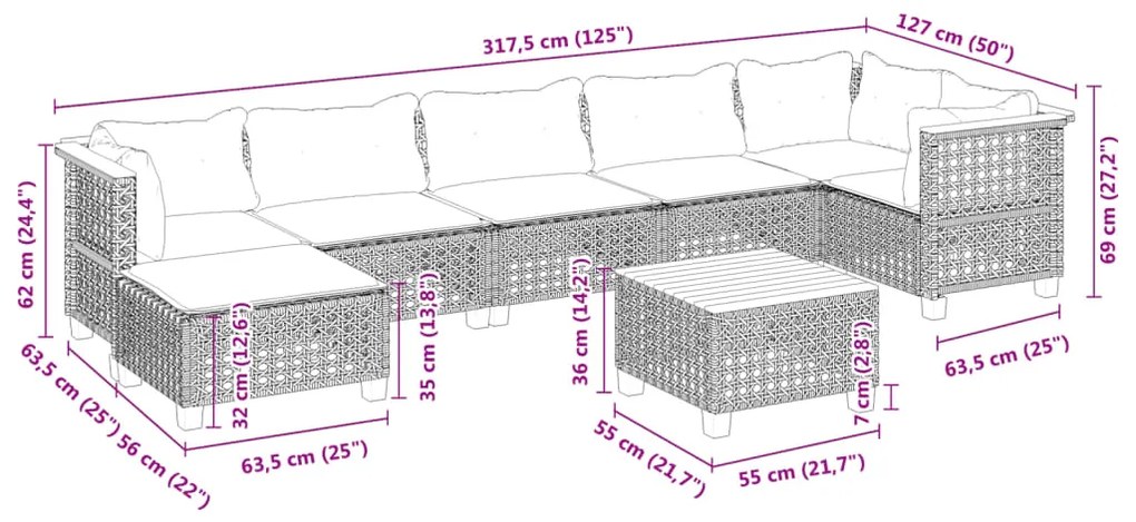 8 pcs conjunto sofás de jardim c/ almofadões vime PE cinzento