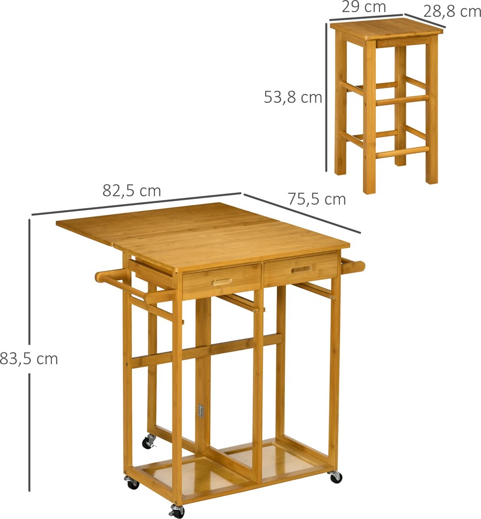 Conjunto de Mesa Alta de Bar e 2 Bancos Mesa de Cozinha Alta em Bambu com Rodas Tampo Dobrável  Madeira