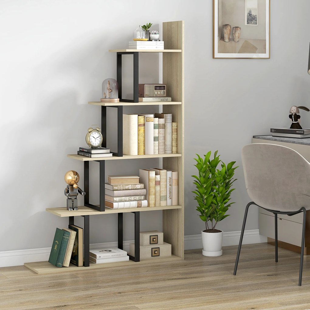 Estante-biblioteca divisória de ambientes em estilo industrial 102 x 30 x 160 cm, em forma de escada, com 5 prateleiras, cor carvalho