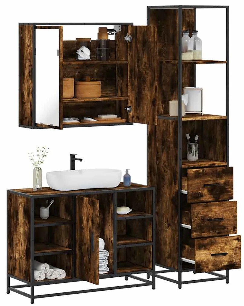 vidaXL 3 pcs conjunto de móveis WC madeira processada carvalho fumado