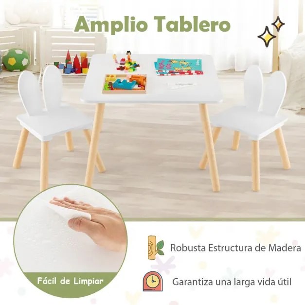 Conjunto de mesa e cadeiras para crianças 2 cadeiras desenho coelhos Pernas de madeira Branco