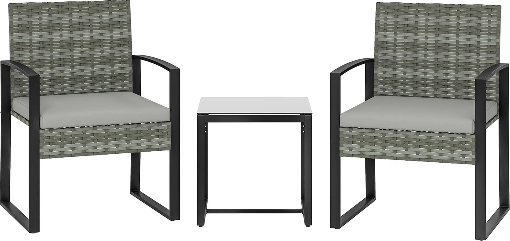Outsunny Conjunto bistrô em rattan, conjunto de móveis de jardim 3 peças com 2 cadeiras de jardim, mesa de centro, almofadas removíveis Cinza claro | Aosom Portugal