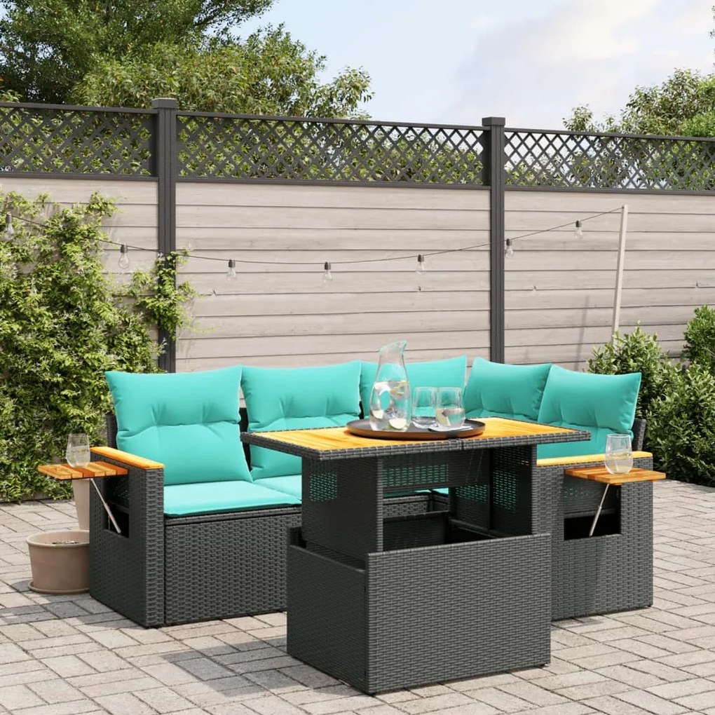 vidaXL 5 pcs conjunto de sofás p/ jardim c/ almofadões vime PE preto