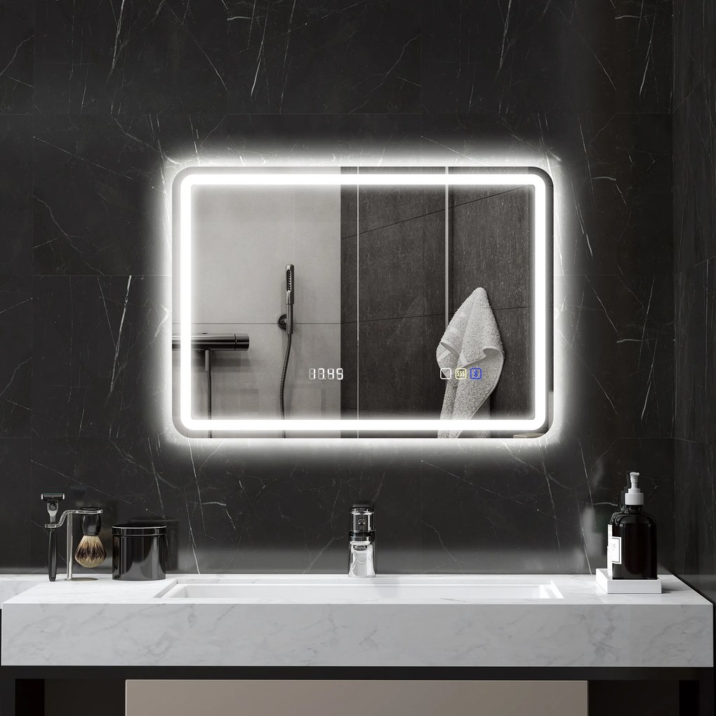 Espelho de Casa de Banho com Luz LED 70x50 cm Bluetooth 3 Cores de Luz Relógio Digital Função Antiembaciamento Memória Prata