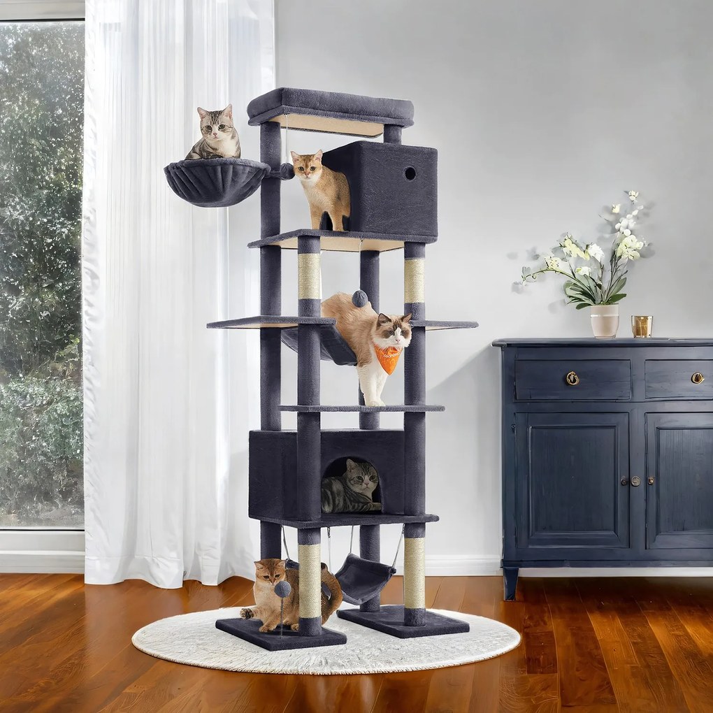 Arranhador para gatos grande 78 x 48 x 201 cm, com plataforma cinzento escuro