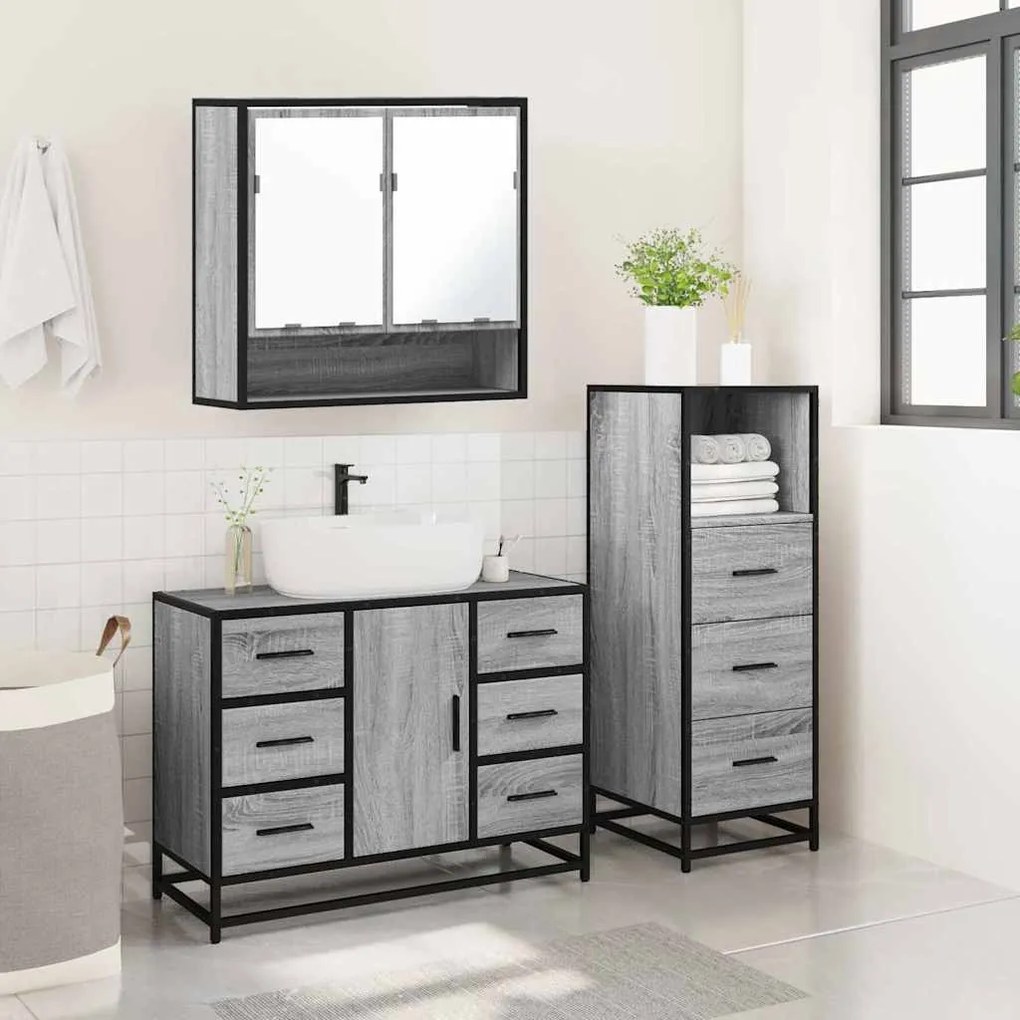 3 pcs Conjunto móveis casa de banho madeira proc. cinza sonoma