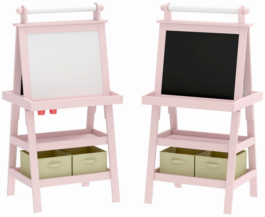 AIYAPLAY Cavalete de Pintura Infantil 3 em 1 Quadro Dupla Face com Rolo de Papel e Cestos de Arrumação Rosa | Aosom Portugal