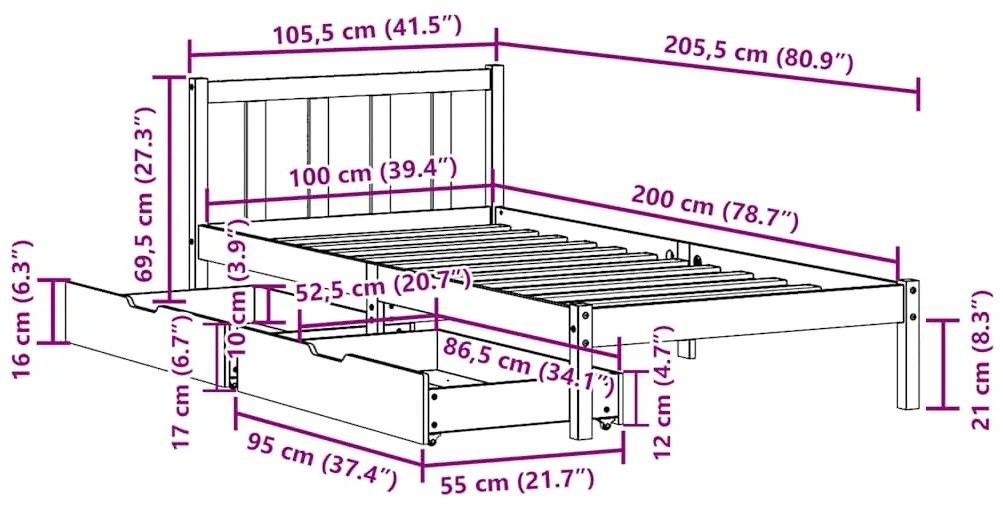 Cama sem colchão 100x200 cm madeira de pinho maciça