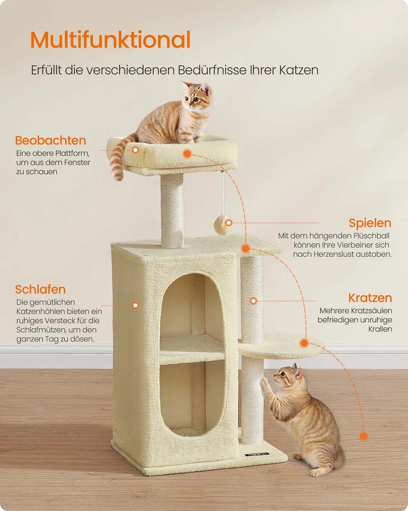 Árvore para gatos pequena com 2 cavernas e 1 plataforma bege