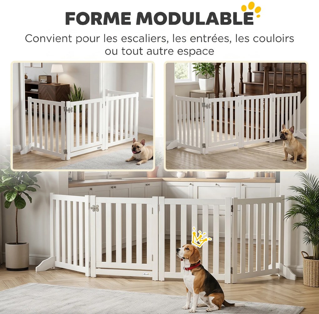Barreira de Segurança para Cães Dobrável, 205 x 30 x 60 cm, 4 Painéis com Porta, Branco
