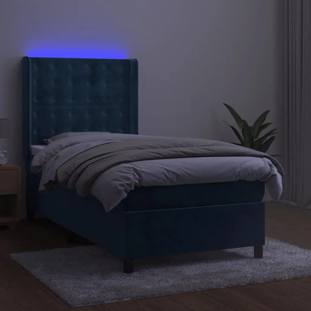 Cama box spring c/ colchão/LED 90x190 cm veludo azul-escuro