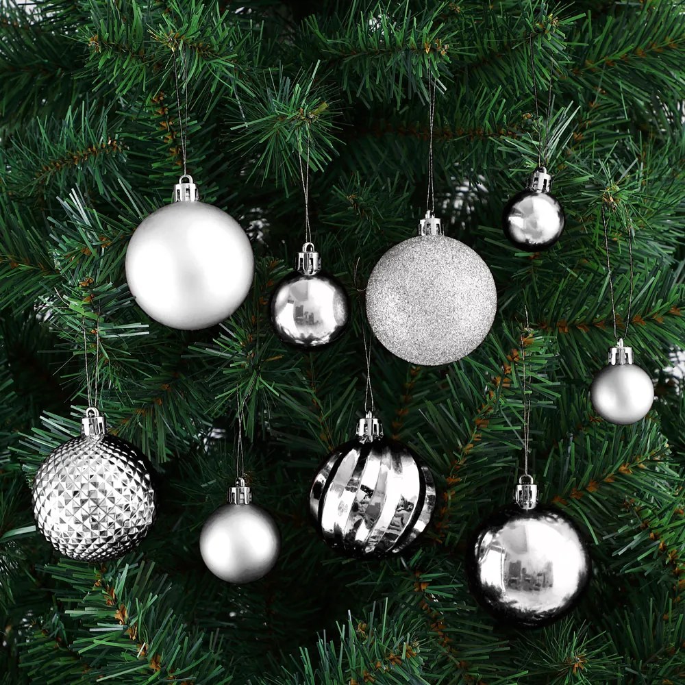 Conjunto de 103 bolas de Natal com diversos tamanhos e padrões Prateado