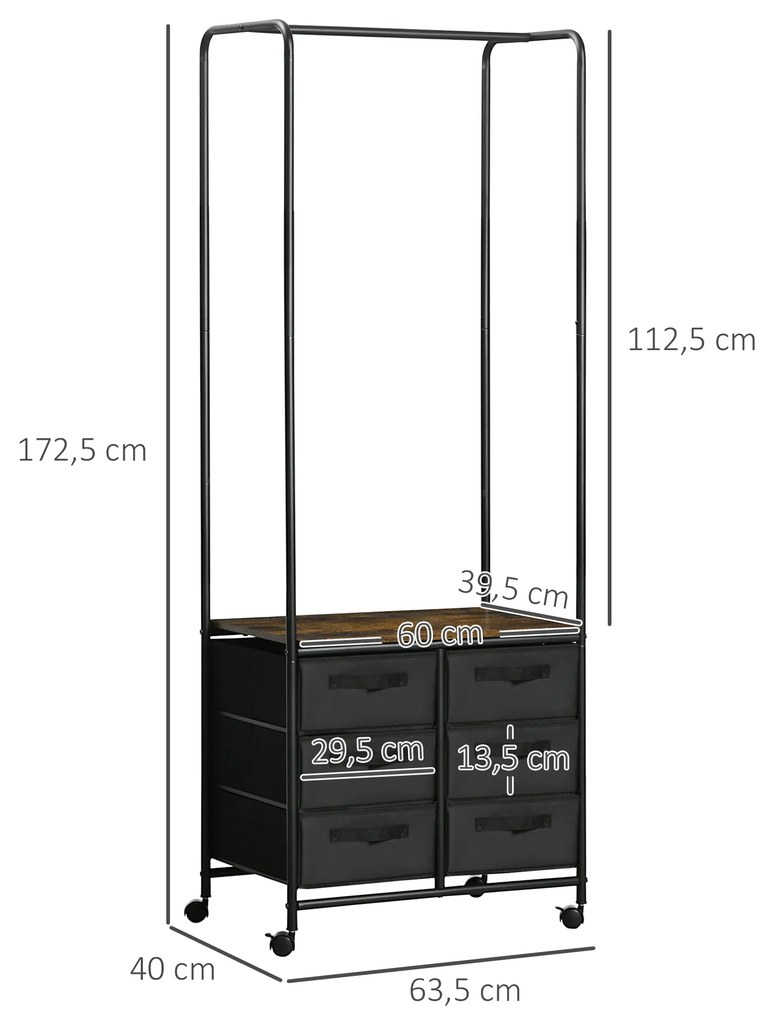 Cabideiro para Roupa com Rodas 6 Gavetas de Tecido Barra para Pendurar para Corredor Quarto 63,5x40x172,5 cm Castanho Rústico