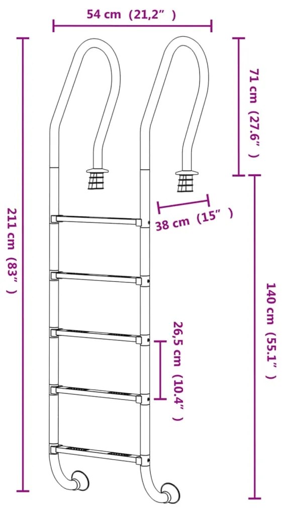 Escada de piscina 54x38x211 cm aço inoxidável 304