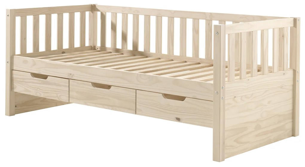 Cama infantil FRITZ (90x200) com 3 gavetas + Gaveta inferior + Estrado Natural