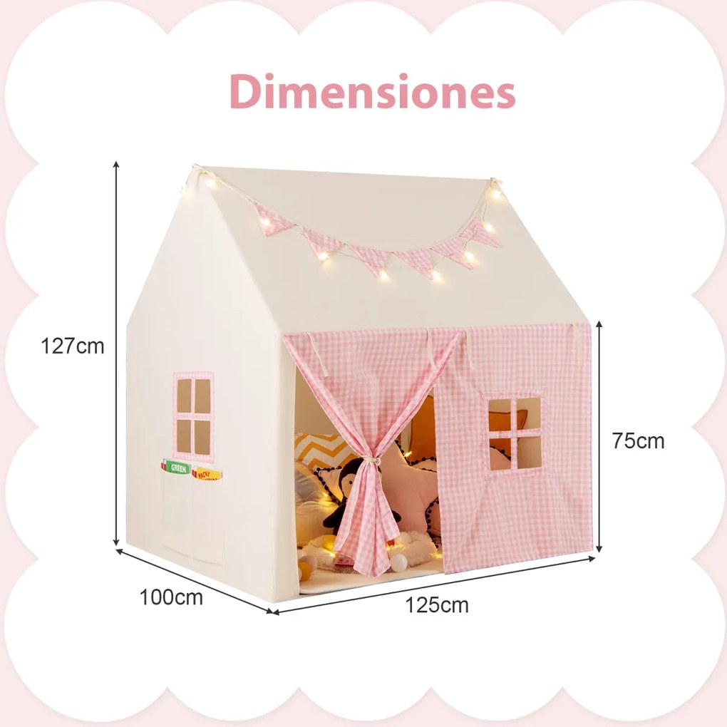 Tenda infantil com tapete acolchoado, 2 janelas e 2 bolsos de armazenamento, luzes de estrelas e bandeira rosa