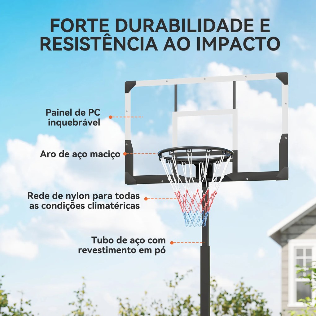 Cesto de Basquetebol para Exterior com Altura Ajustável Portátil Estrutura Dobrável Painel Inquebrável Rodas e Base Preenchível 120x70x300-375 cm Pret