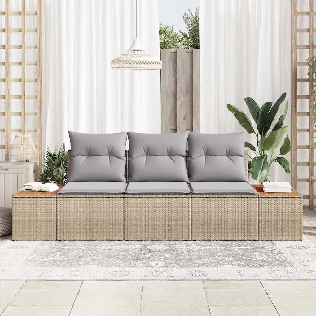Conjunto de Sofá de Jardim 3 Peças com Almofadas Bege em Poly Rattan e