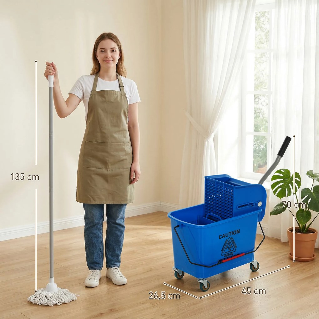 Balde de Limpeza com Escorredor Painel Separador e Rodas Capacidade de 20 L para Limpeza Doméstica 45x26,5x70 cm Azul