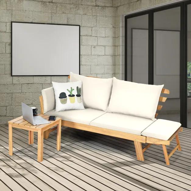 Sofá-cama de jardim convertível em madeira de acácia com apoios de braços ajustáveis Almofadas Almofadas 2 lugares Exterior 198 x 75 x 75 cm Branco