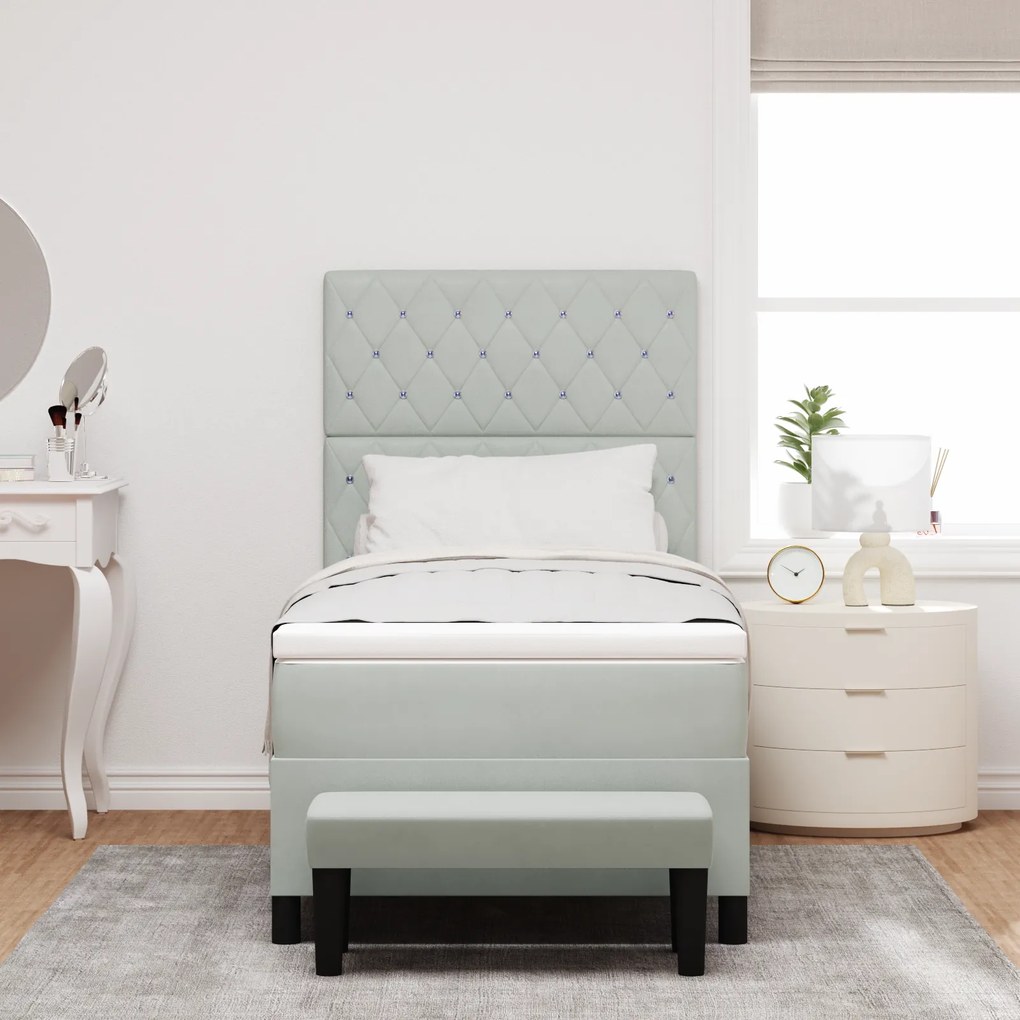 Cama Box Spring com Colchão & Banco Cinzento-Claro 90x190 cm Veludo