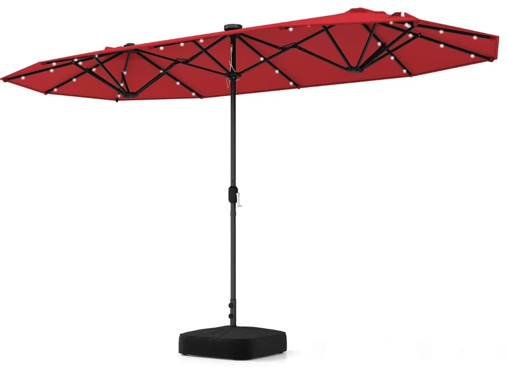 Guarda-sol jardim Duplo 4 x 2 m com Luzes Solares Manivela e Base pesada Vermelho