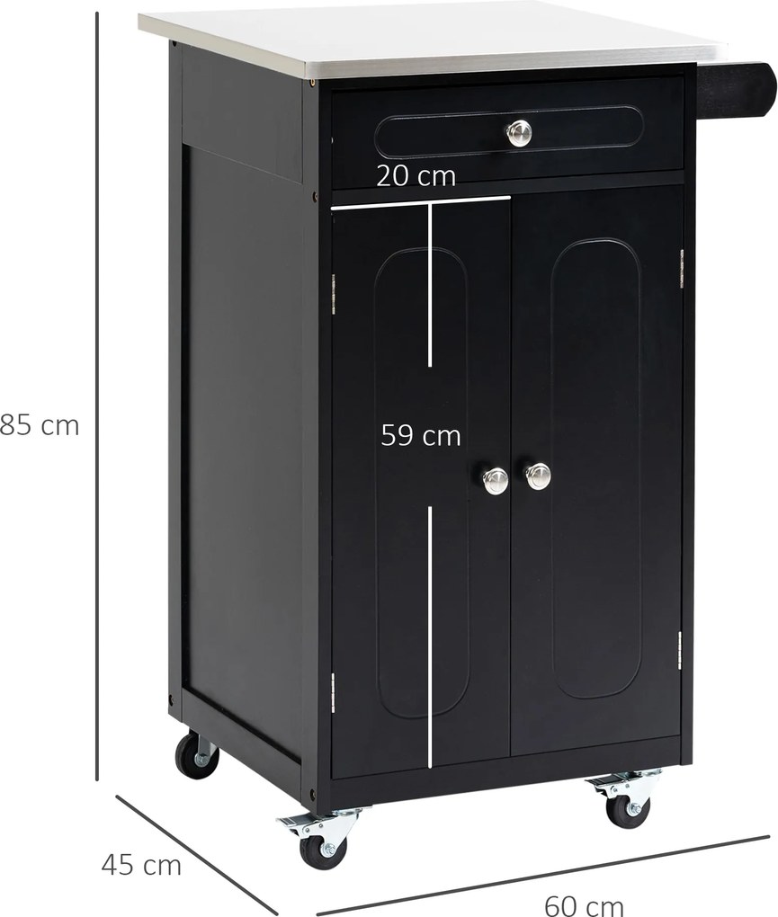 Carrinho de serviço de cozinha com rodas 60 x 45 x 85 cm, com vários compartimentos de arrumação: 1 gaveta, armário com 2 portas e prateleira para pan