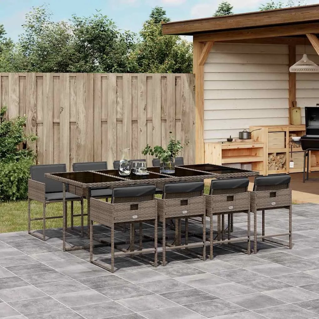vidaXL 9 pcs conjunto de jantar p/ jardim c/ almofadões vime PE cinza