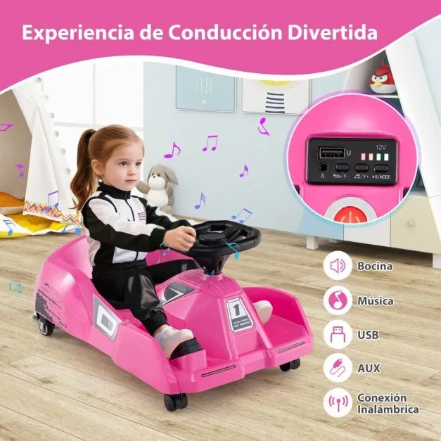 Kart elétrico para crianças 12V com esfregona removível, comando à distância de 3 velocidades, buzina, música, 79 x 46 x 37 cm, rosa