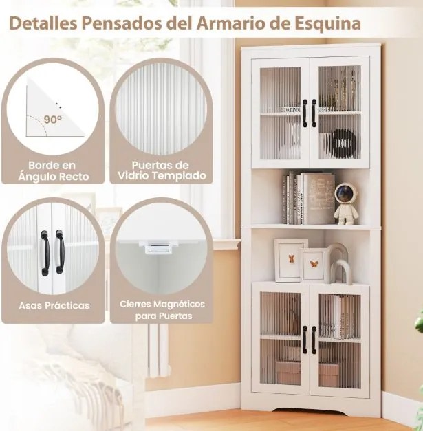 Armário de canto alto cozinha 66 x 35 x 171 cm de 6 níveis com portas de vidro e prateleiras ajustáveis em 3 posições Branco