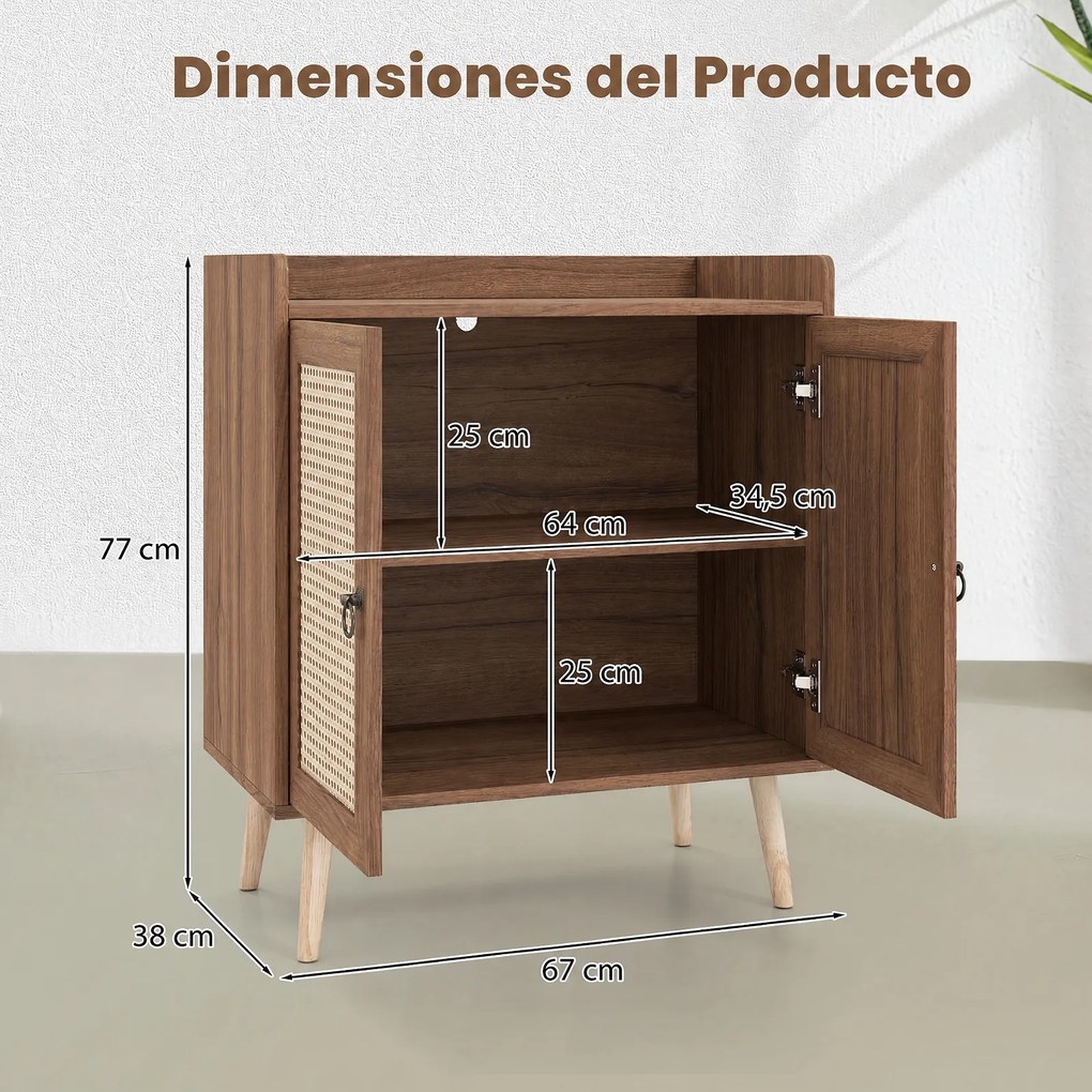 Armário de Arrumação, 67 x 38 x 77 cm, Portas de Rattan PE, Castanho