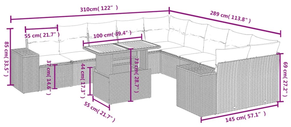 11 pcs conjunto sofás de jardim c/ almofadões vime PE preto