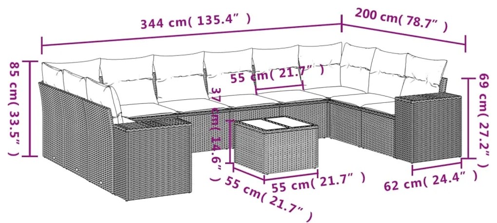 11 pcs conjunto sofás de jardim c/ almofadões vime PE preto
