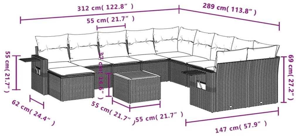 12 pcs conjunto de sofás jardim c/ almofadões vime PE cinzento