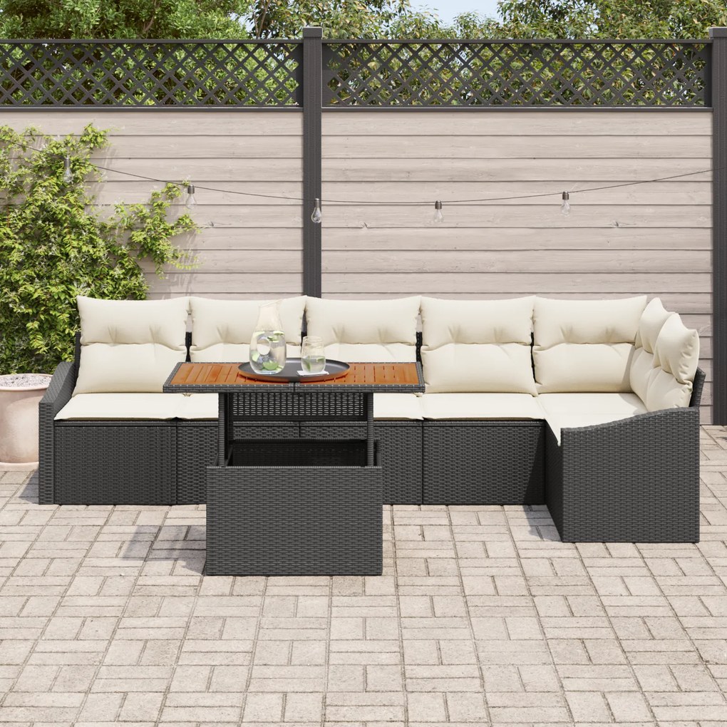 Conjunto de Sofá de Jardim de 7 Peças com Almofadas Preto Vime PE