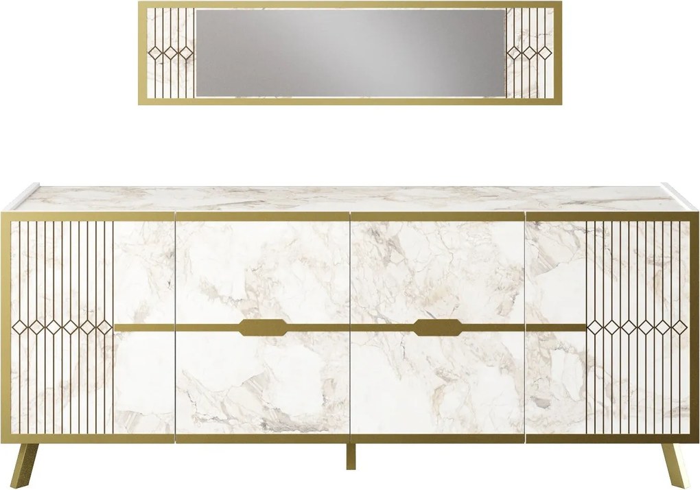 Aparador ELOISE em Mármore Branco com 4 Portas e Pernas Douradas – 180